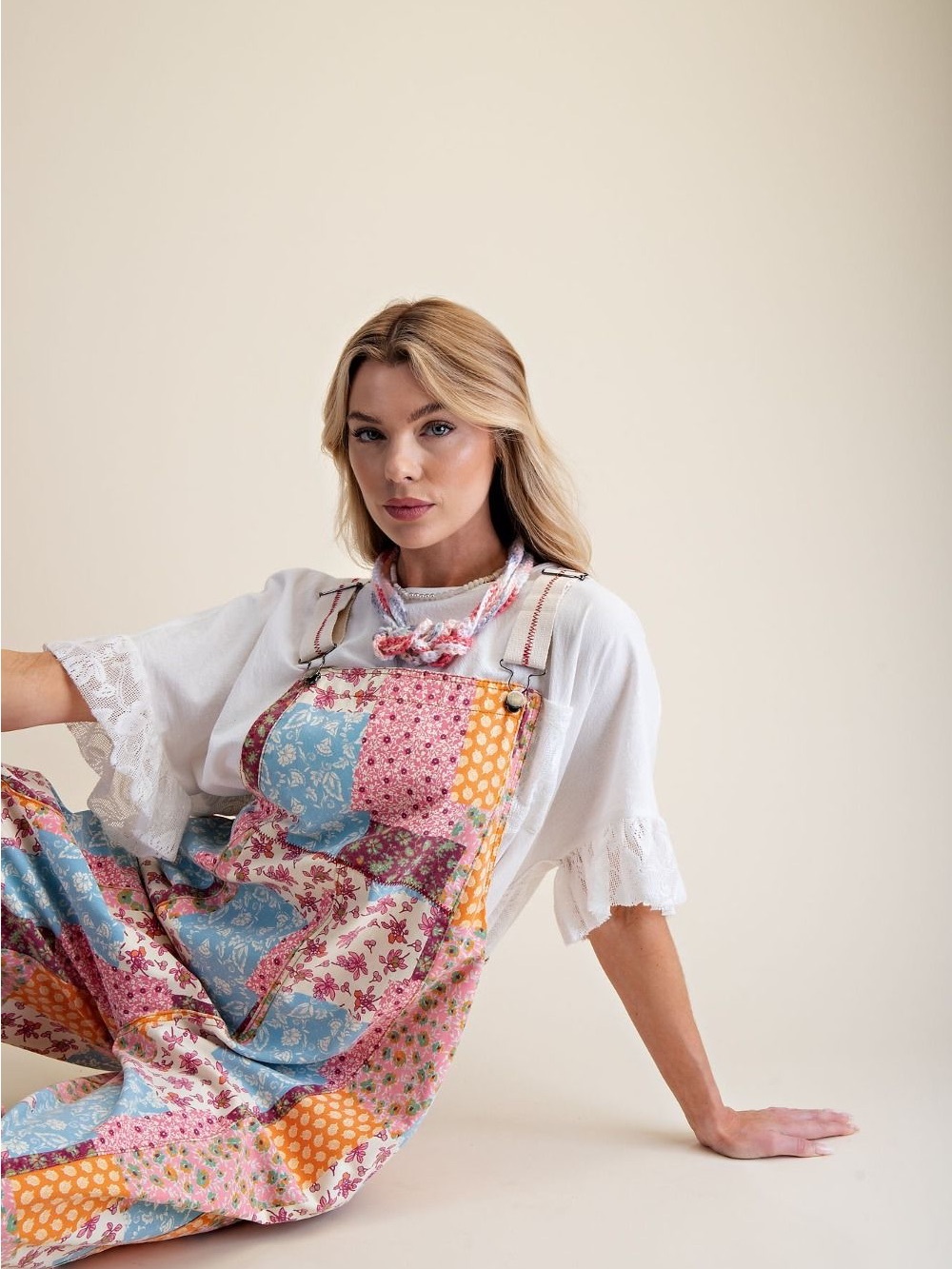 NEW EASEL PATCHWORK PRINT WASHED OVERALLS SIZE M BOHO - Picture 2 of 8